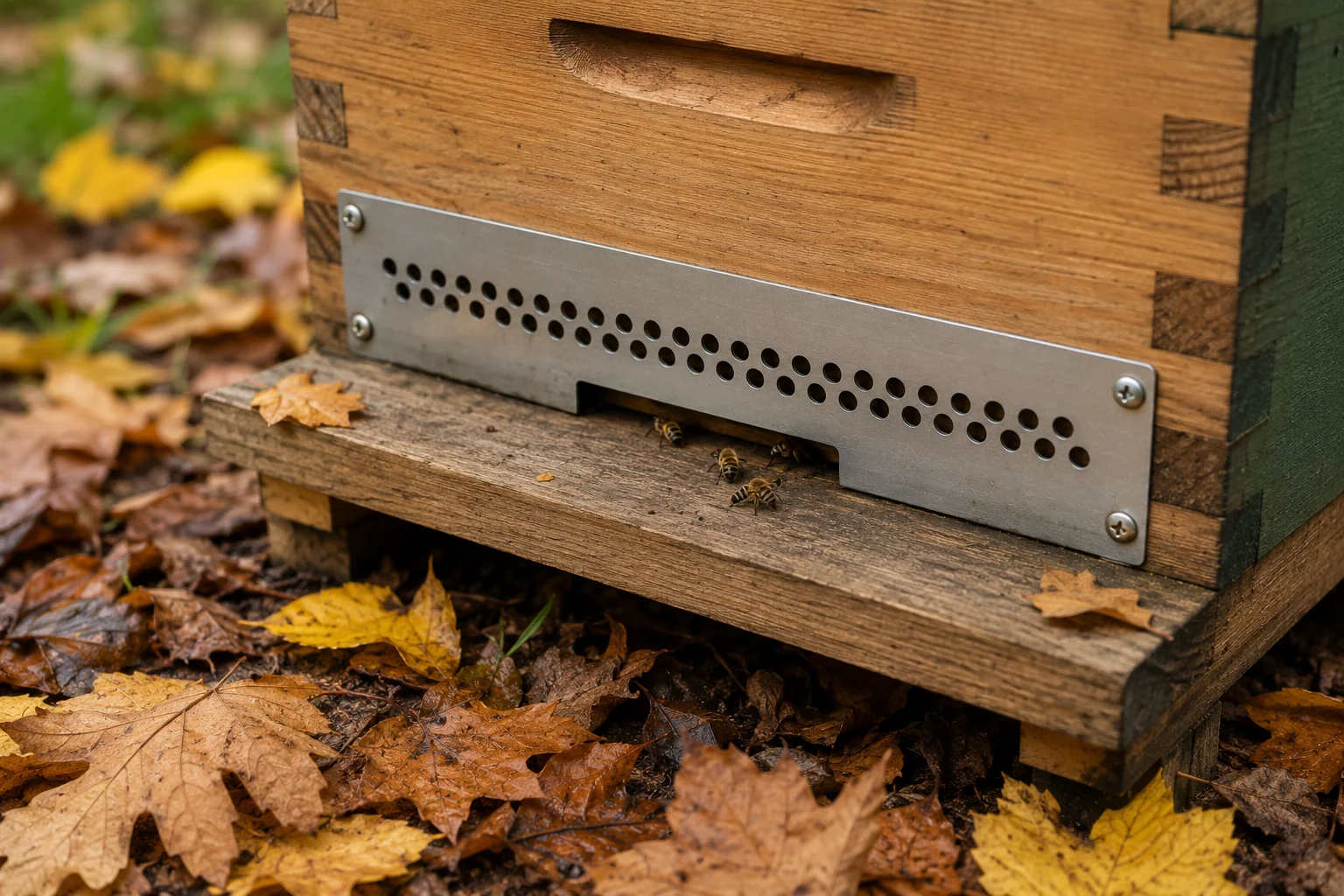 Metal mouse-proof guard installed on a beehive entrance in autumn to protect against pests.