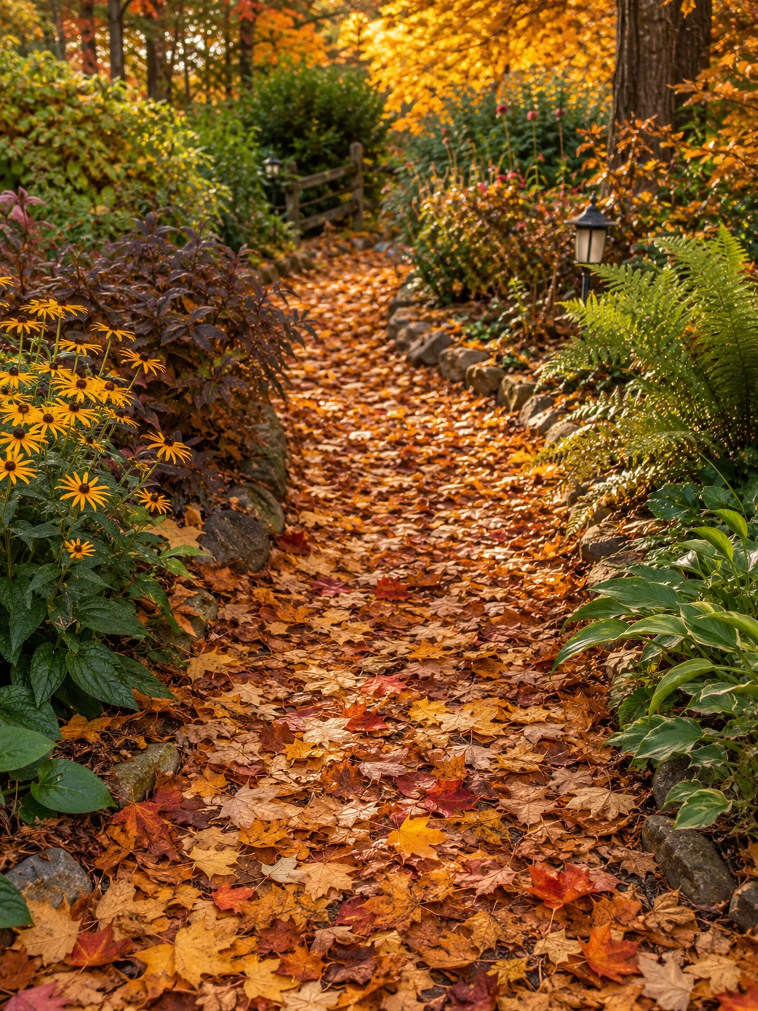Fallen autumn leaves acting as natural mulch in a bee-friendly garden.