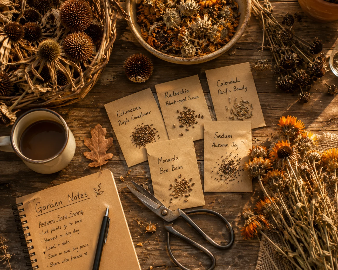 seed saving autumn pollinator garden coneflower calendula paper bags labeled seeds winter prep