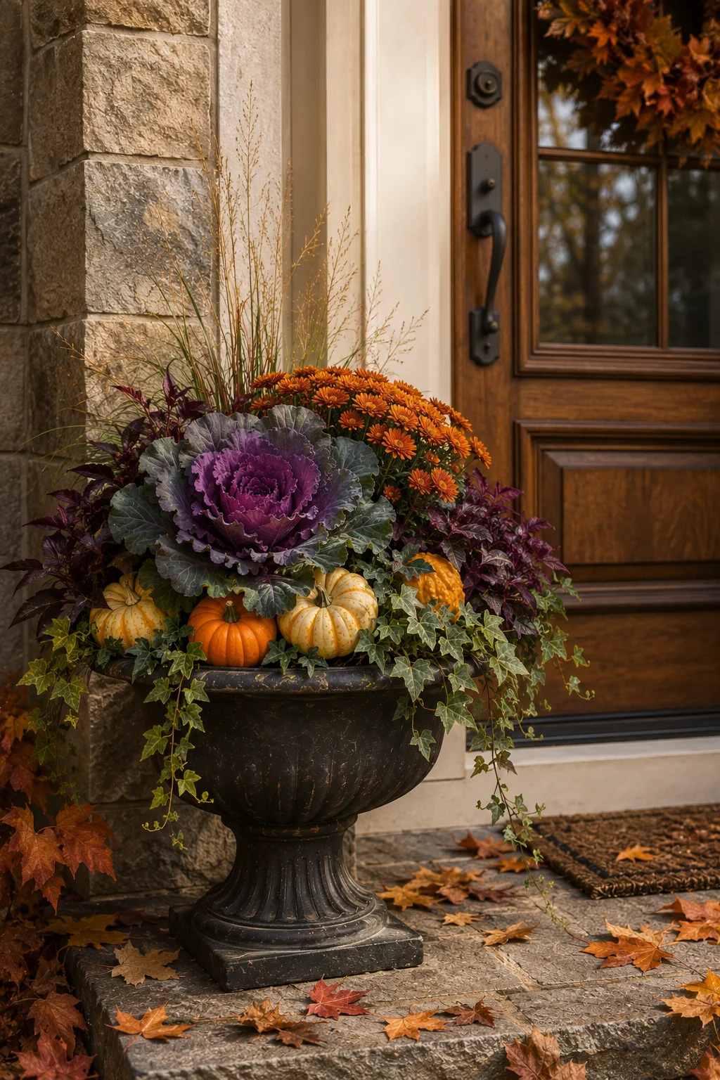 fall ornamental kale pumpkin planter front door idea.