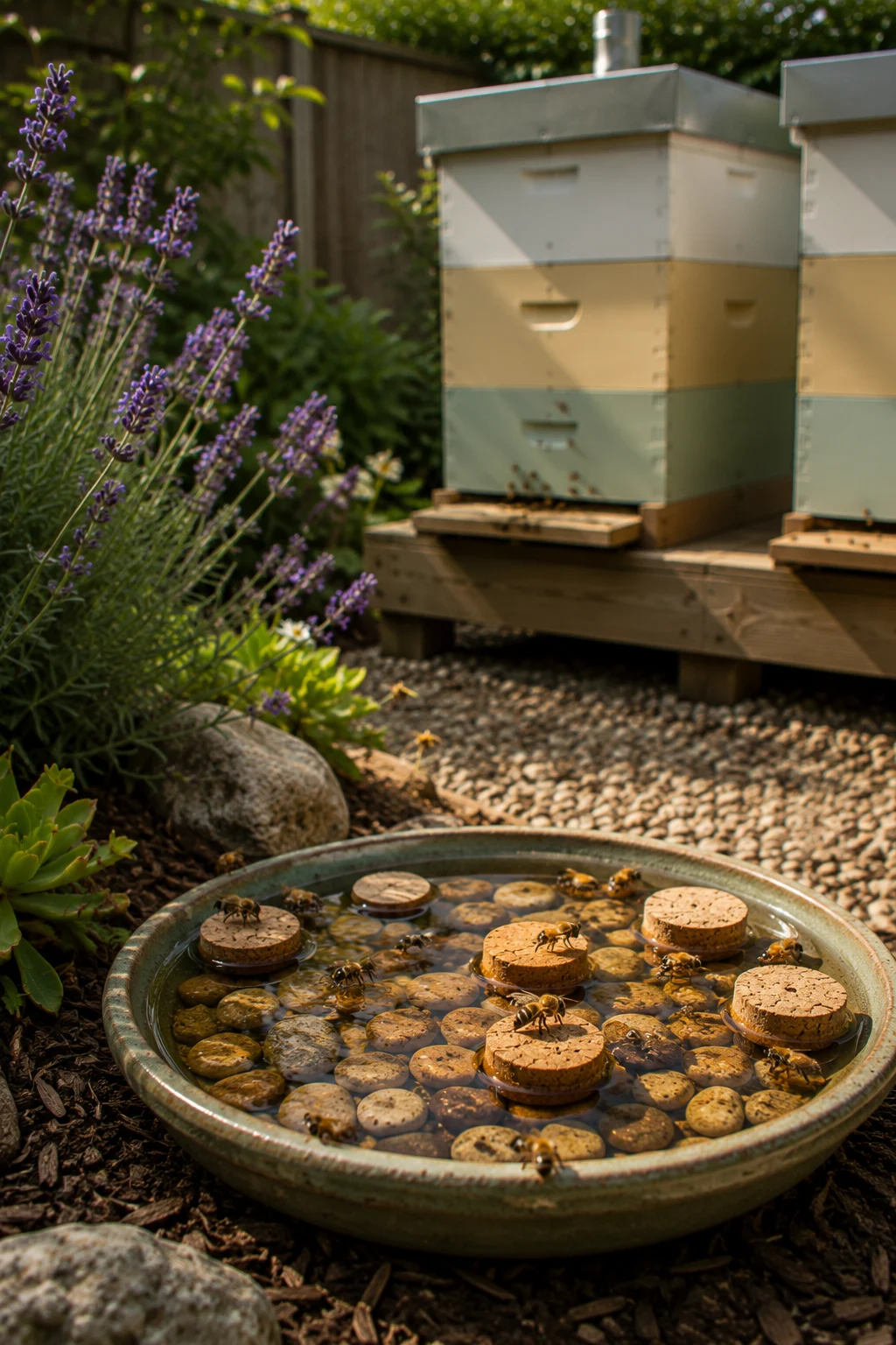 bee water station near backyard beehive setup