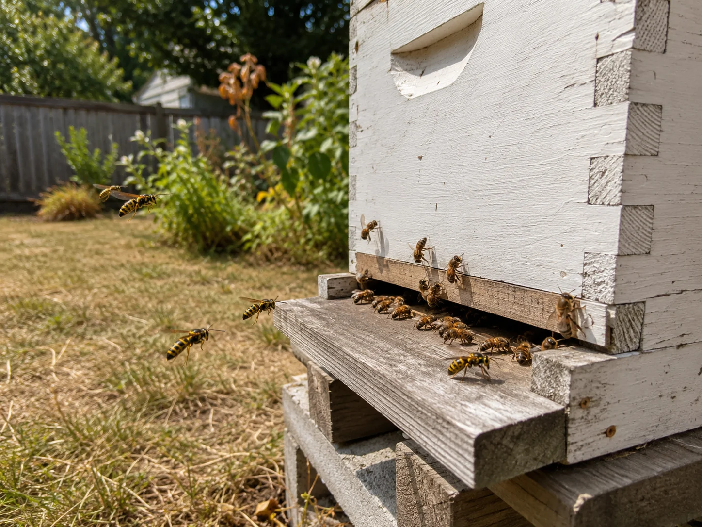 wasps around beehive in late summer with honey bees guarding hive entrance