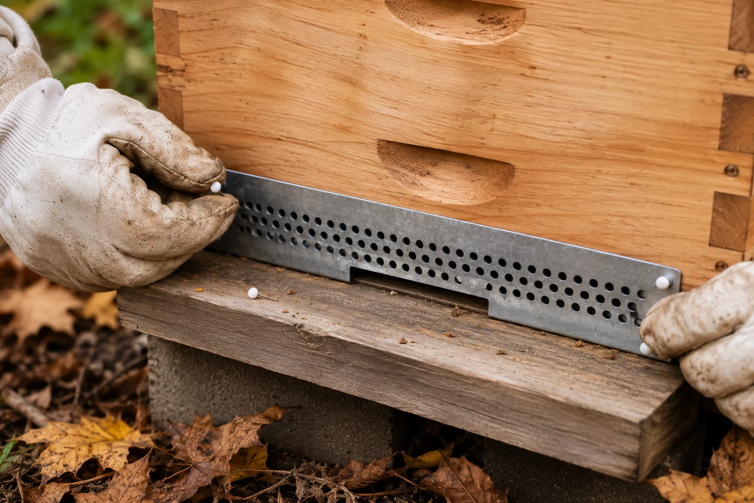 Beekeeper installing a metal mouse guard on a hive entrance using push pins.