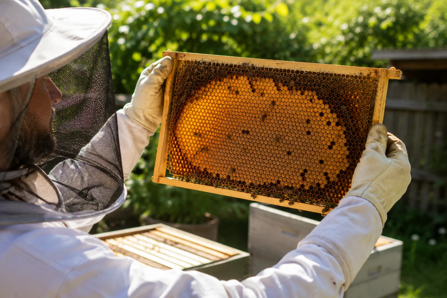 beekeeper inspecting brood frame sunlight angle finding eggs queen assessment systematic inspection