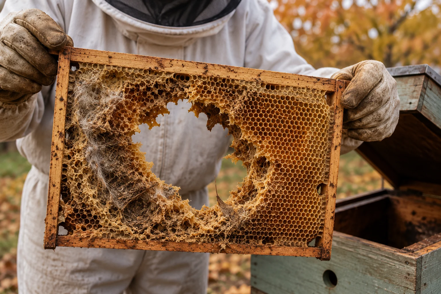 Beehive frame with wax comb chewed and destroyed by a winter mouse invasion.