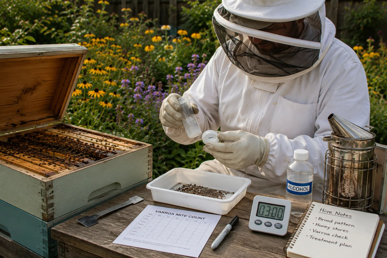 Autumn Varroa mite testing before preparing a beehive for winter