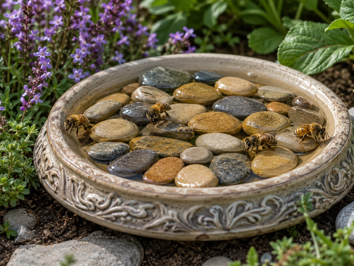 Safe DIY bee watering station with rocks preventing honeybees from drowning.