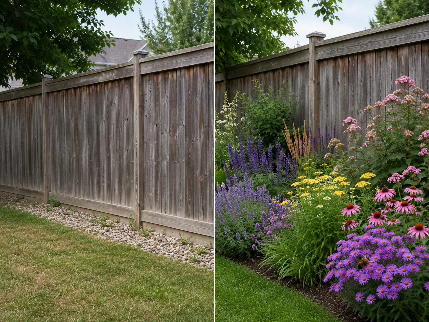 before and after pollinator border fence transformation for bees