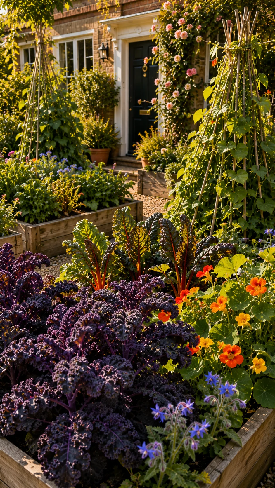 edible front garden raised beds vegetables flowers kale chard nasturtiums borage productive landscaping curb appeal