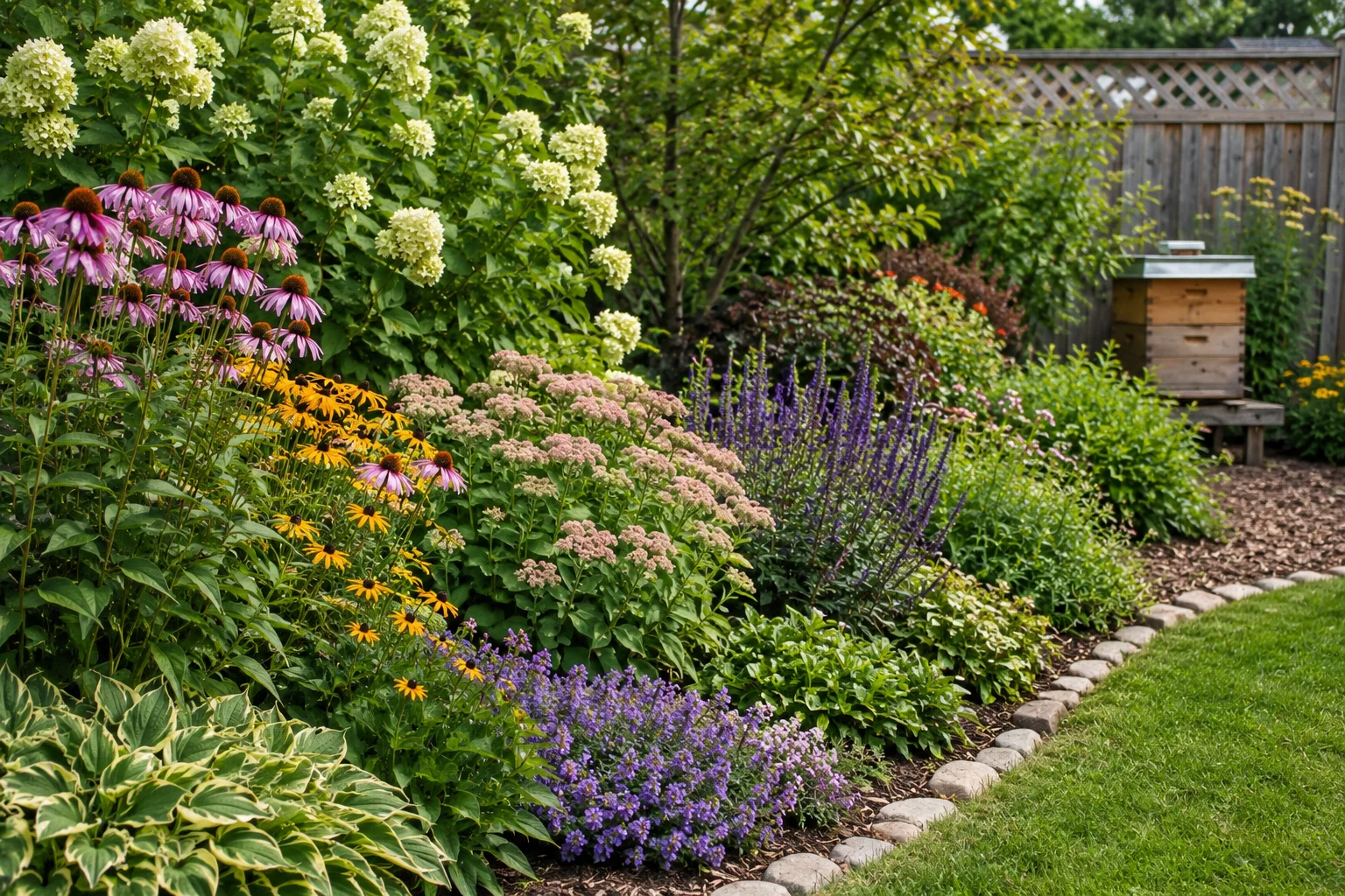 layered pollinator garden design with shrubs perennials and groundcover
