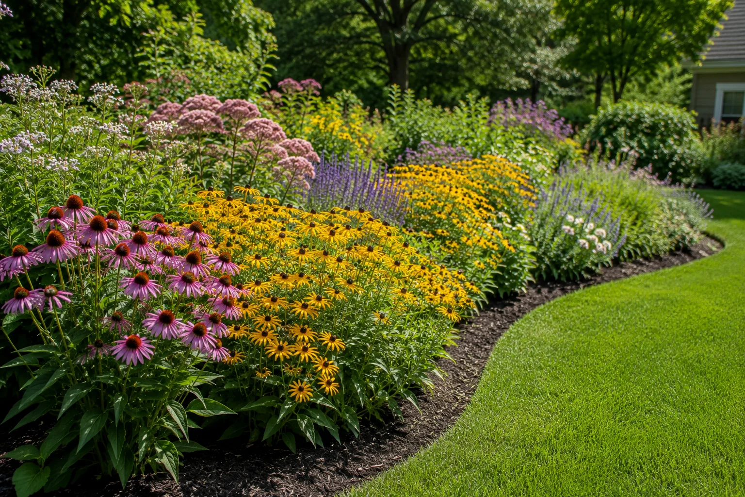 Low maintenance pollinator garden featuring dense native perennials and clean lawn edges.