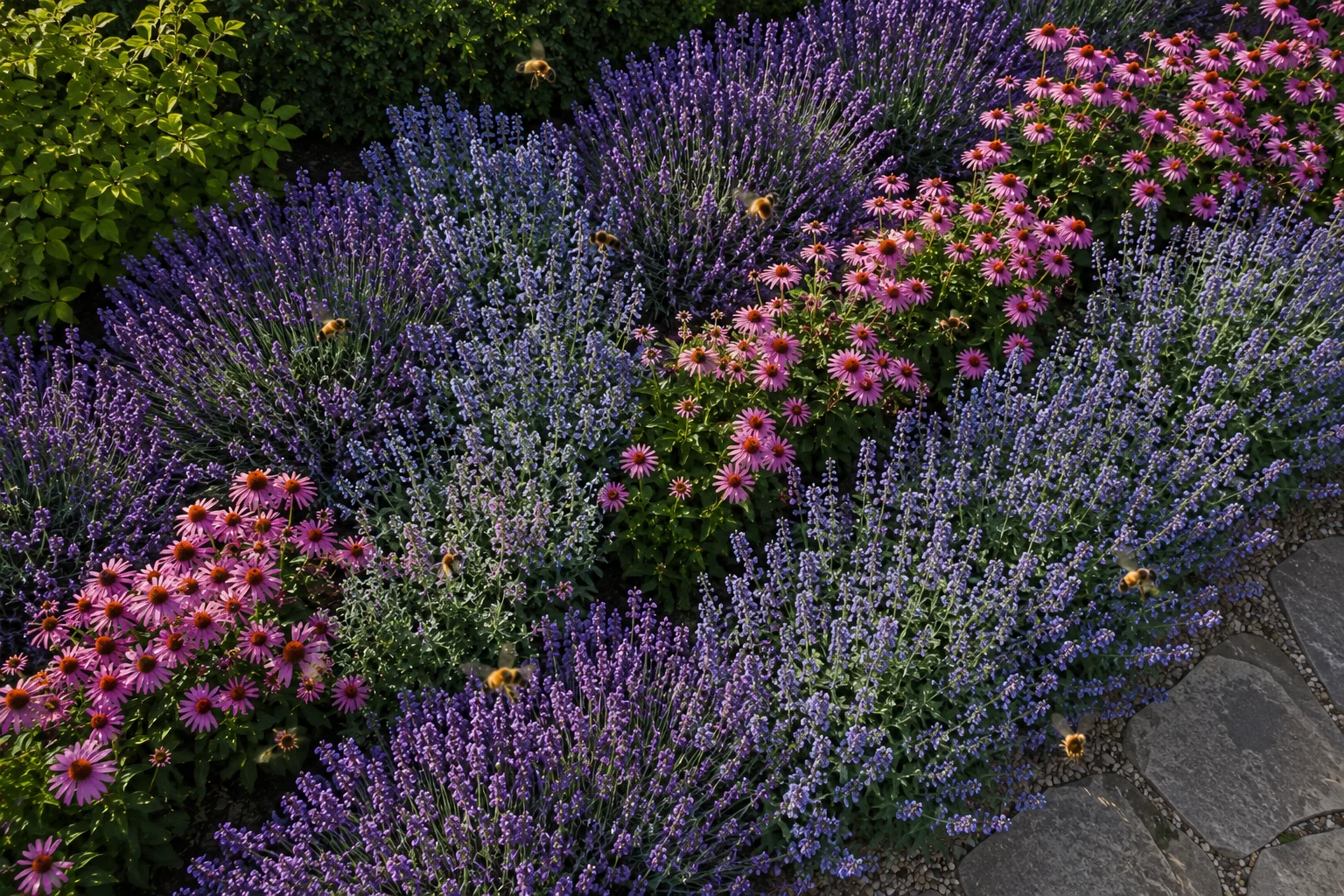 drift planting bee garden design diagonal drifts lavender echinacea catmint aerial view pollinators