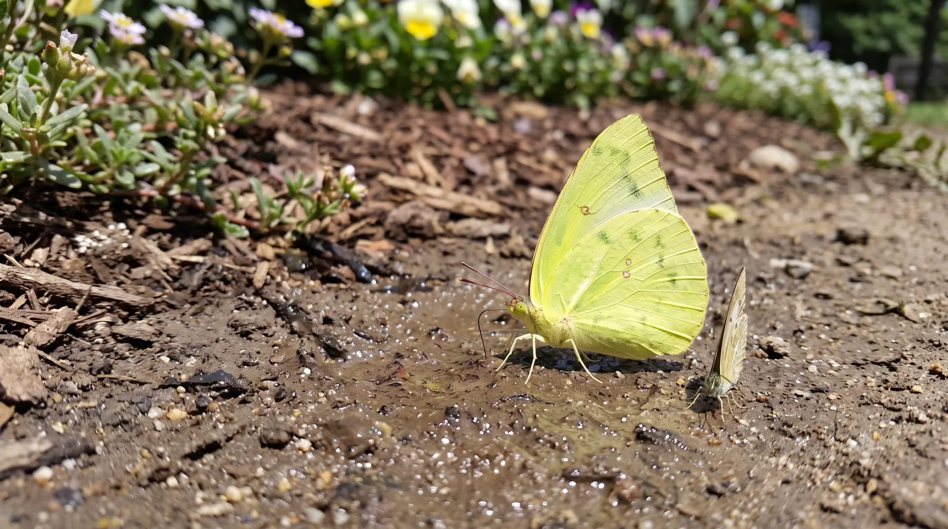 Butterfly puddling on damp soil next to a natural garden path