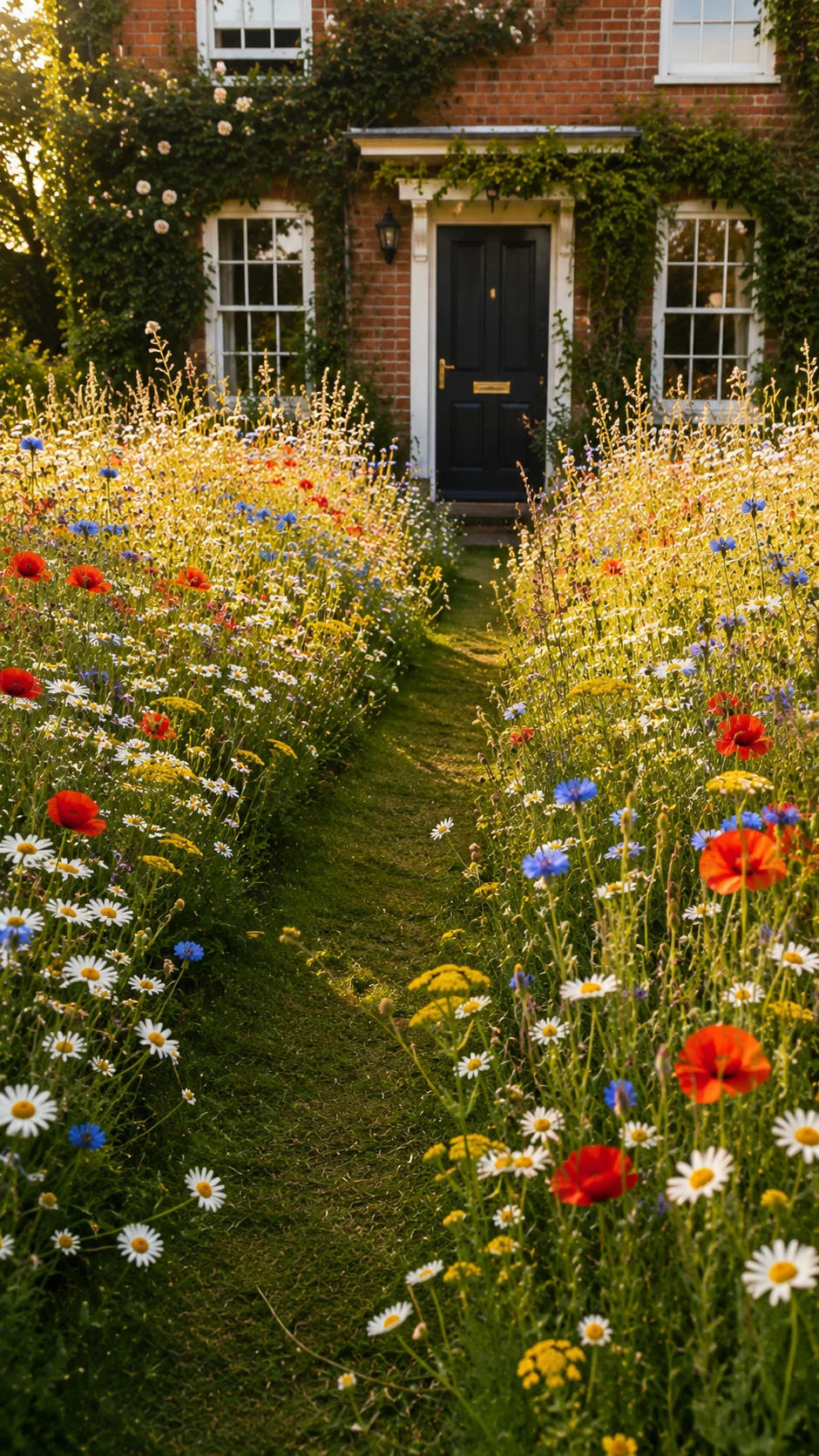 front garden wildflower meadow cornflowers poppies daisies low maintenance landscaping curb appeal
