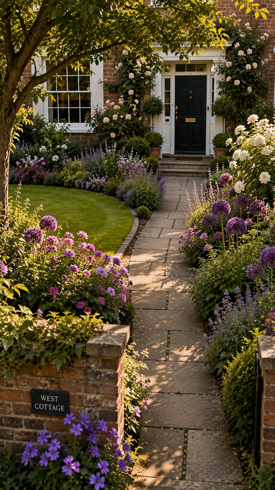 curved lawn front garden border classic British landscaping roses alliums catmint curb appeal summer