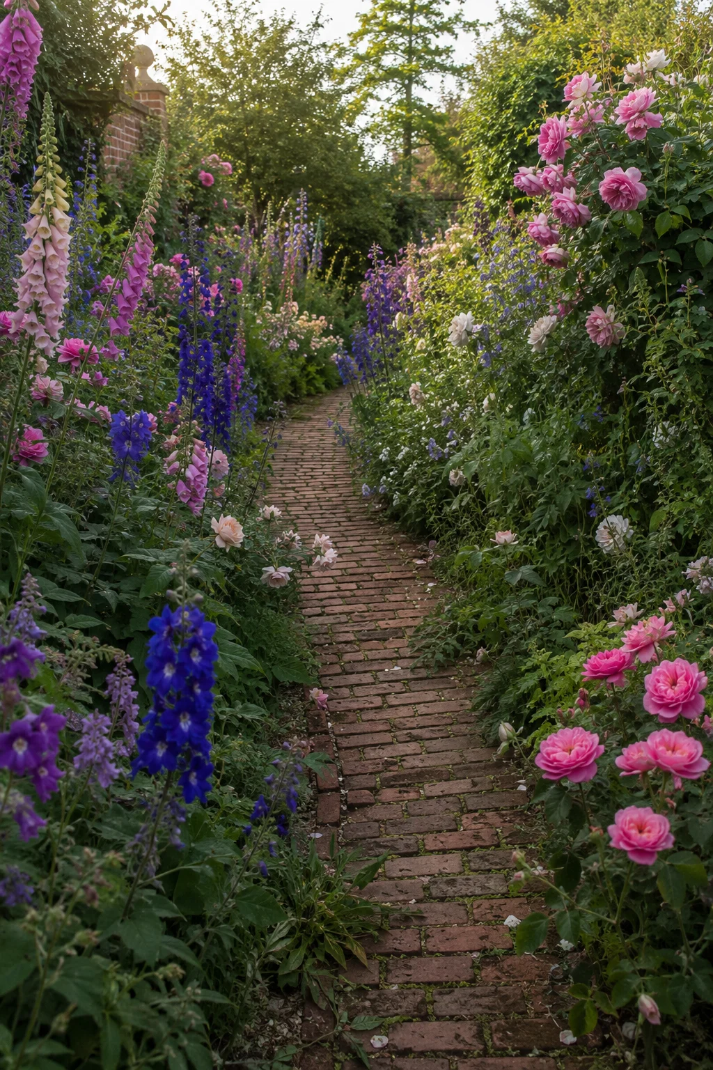 English cottage garden path with overflowing perennial borders