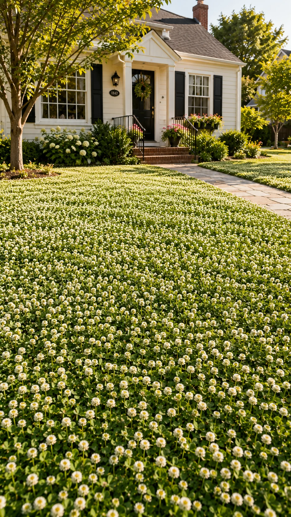 white clover lawn front yard landscaping low maintenance lawn alternative curb appeal summer