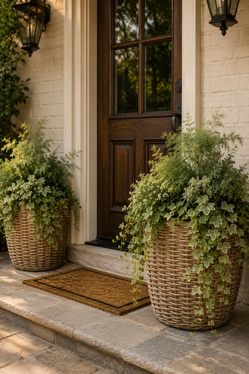 woven rattan planter front door idea.