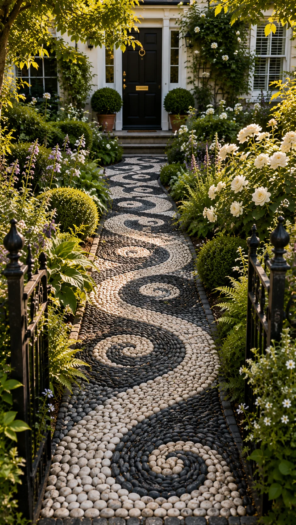 pebble mosaic path front garden landscaping river stones geometric pattern outdoor art curb appeal