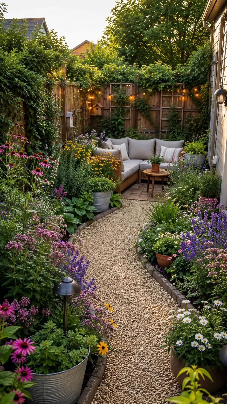 Small backyard layout with pea gravel path and dense pollinator border.