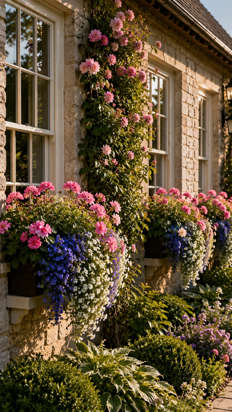Charming stone cottage with blooming flowers