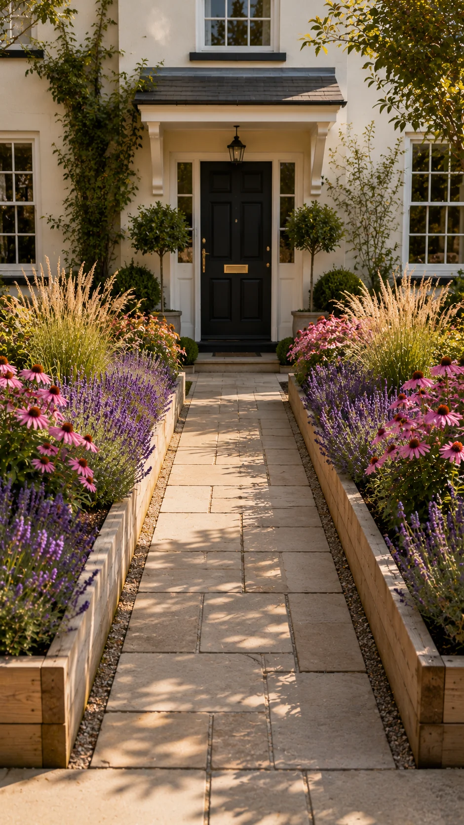 raised bed front garden path flanking landscaping lavender echinacea symmetrical curb appeal small front yard