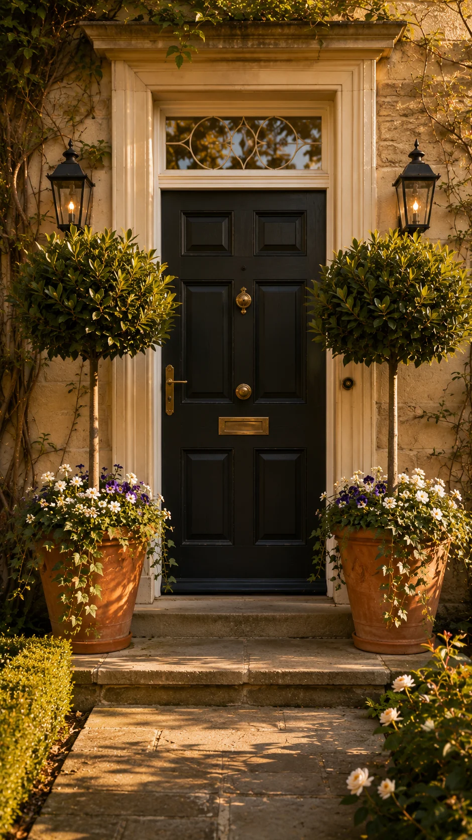 large statement pots front door planters bay tree ivy seasonal color curb appeal entrance landscaping