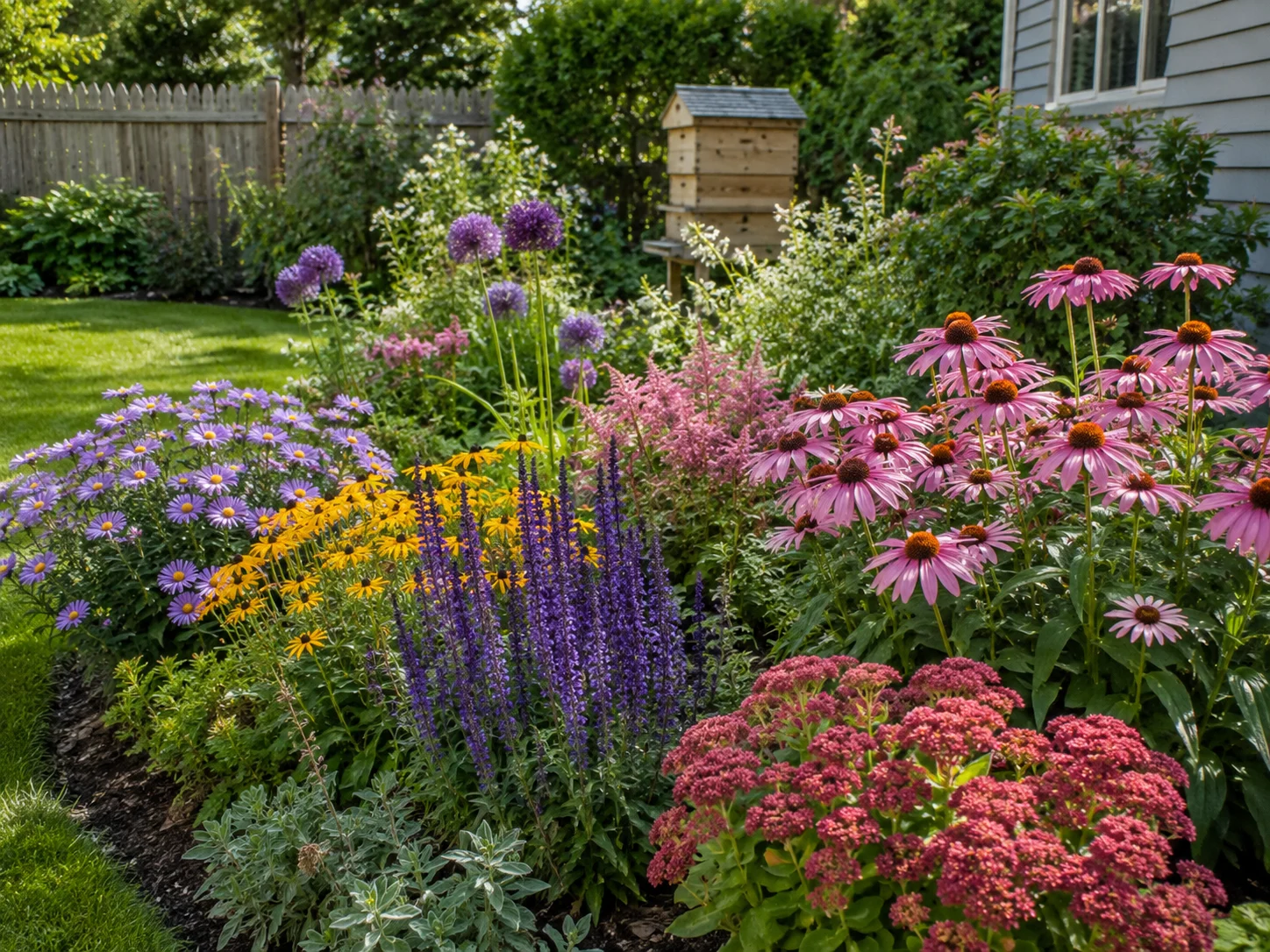 four-season pollinator garden with beehive and continuous bloom