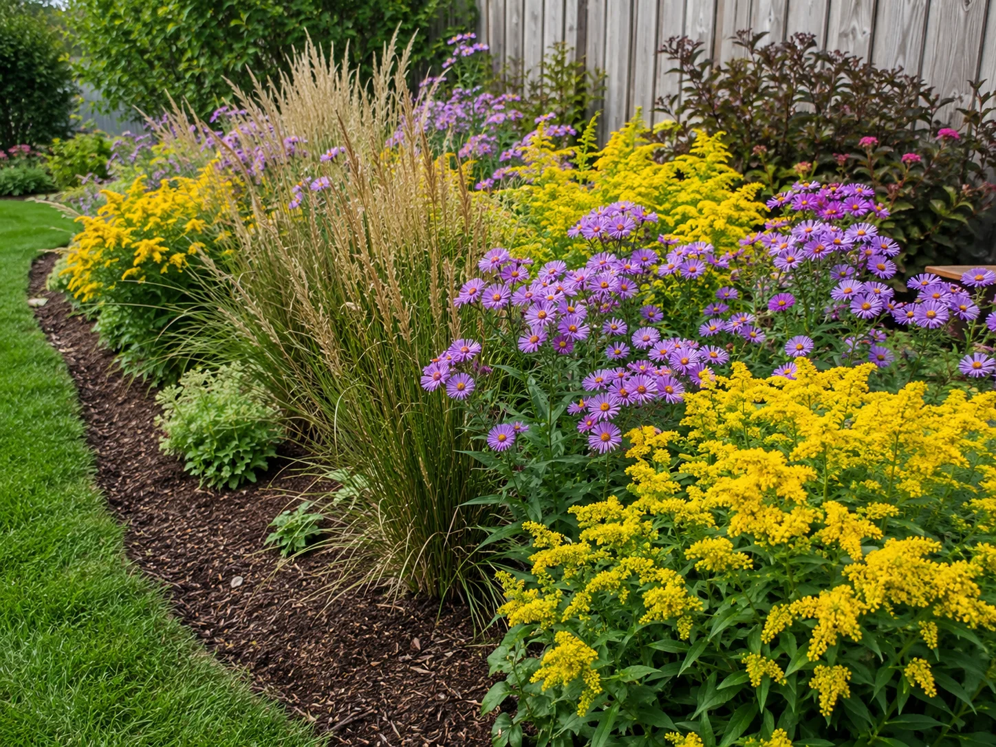 goldenrod for bees planted with asters in a fall pollinator garden