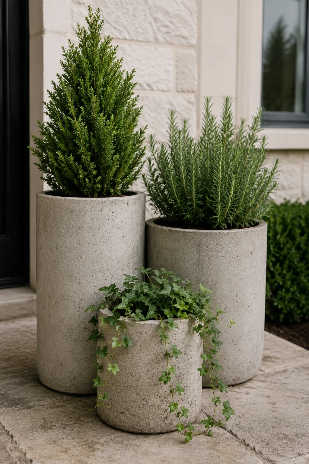grouped stone planters varying heights front door idea.