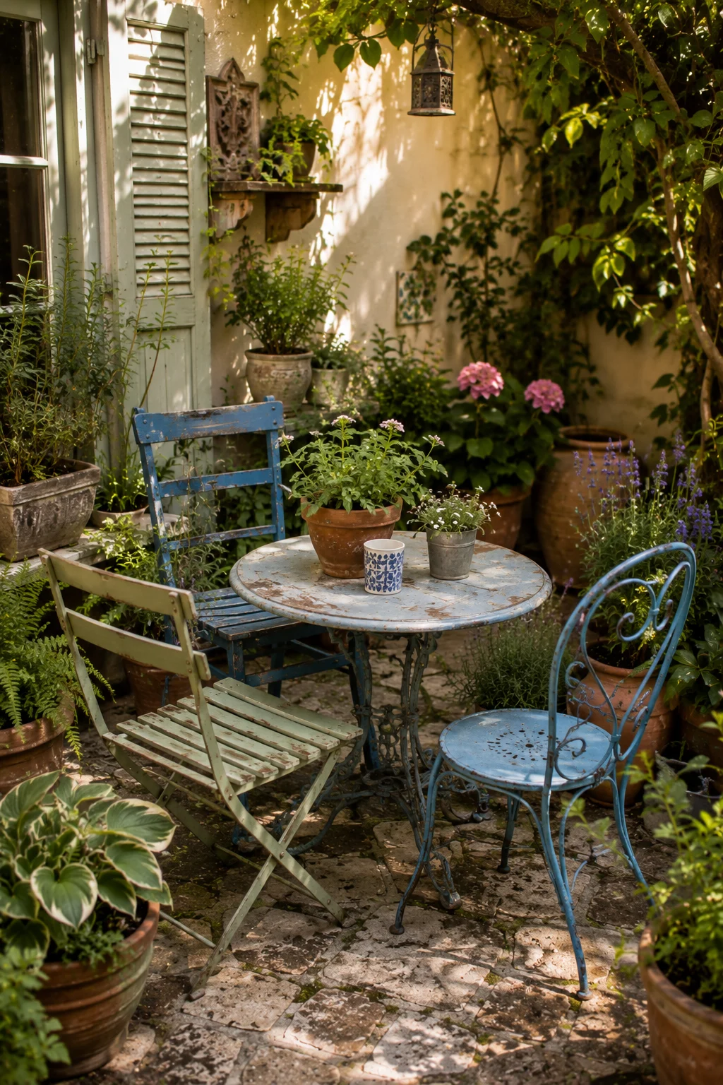vintage mismatched furniture small patio charity shop salvage painted coordinating colours characterful
