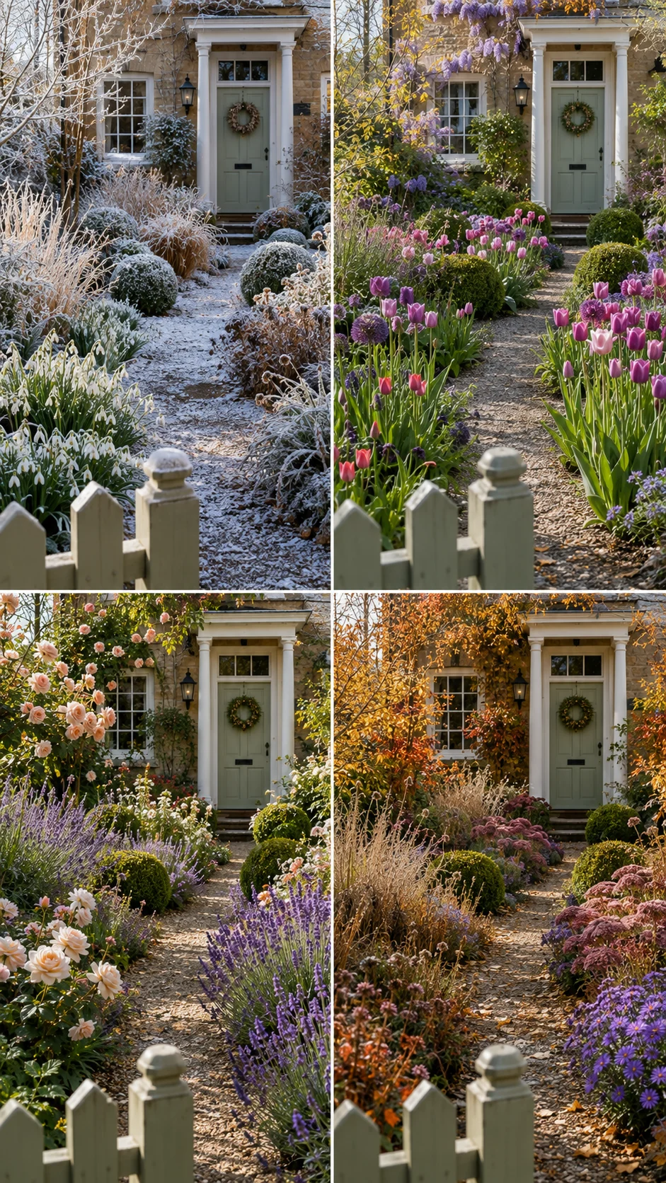 four season front garden winter spring summer autumn snowdrops tulips roses asters year round curb appeal landscaping