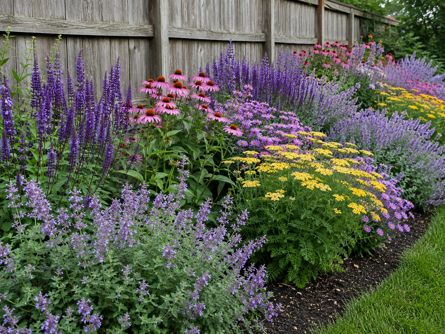 pollinator border fence with repeated bee friendly perennial flowers