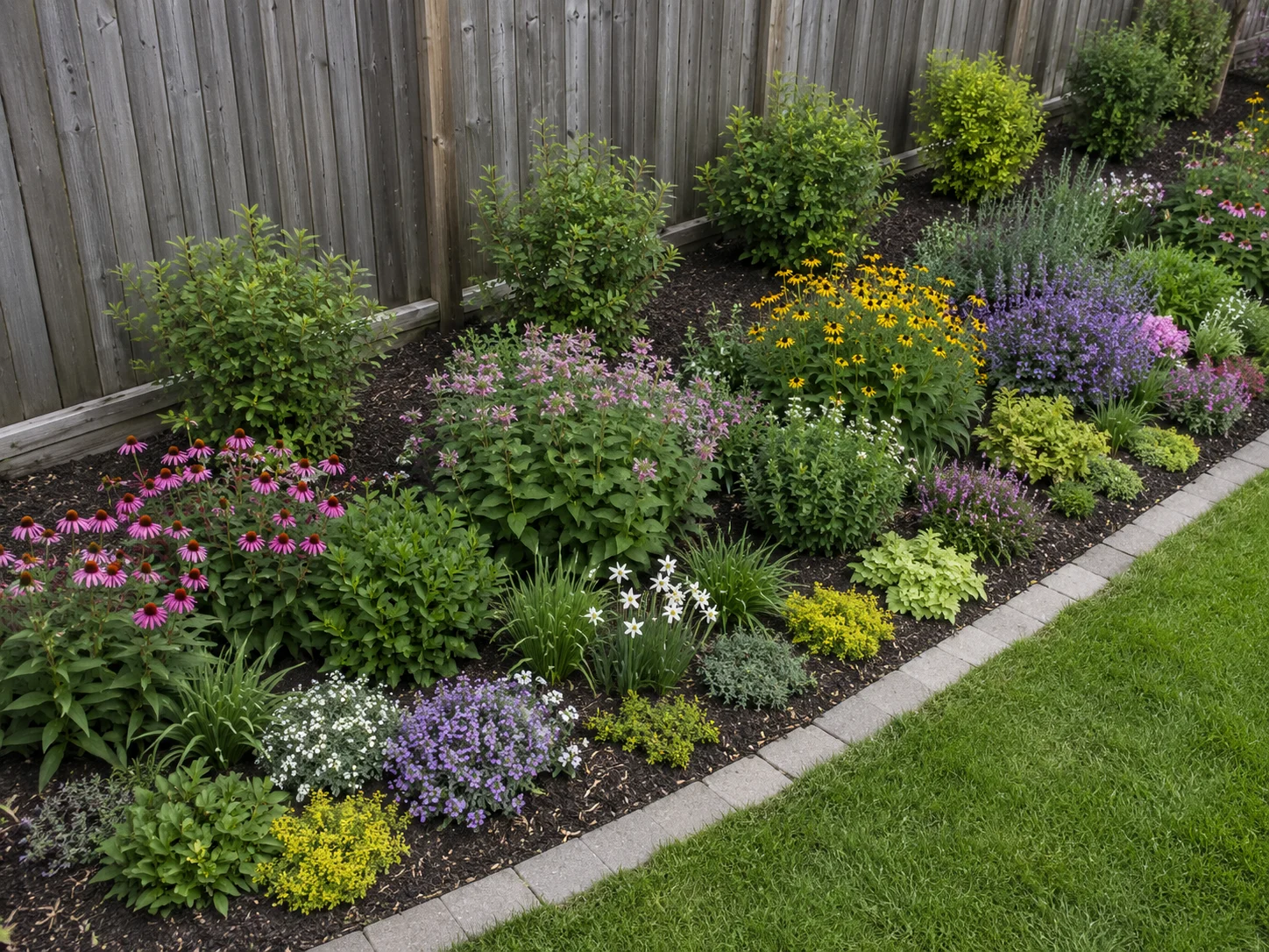 pollinator border fence planting plan with layered bee friendly plants