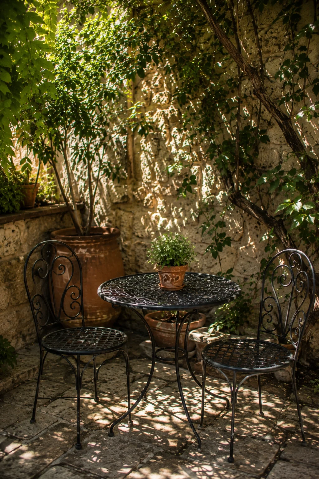 wrought iron bistro set Mediterranean garden idea