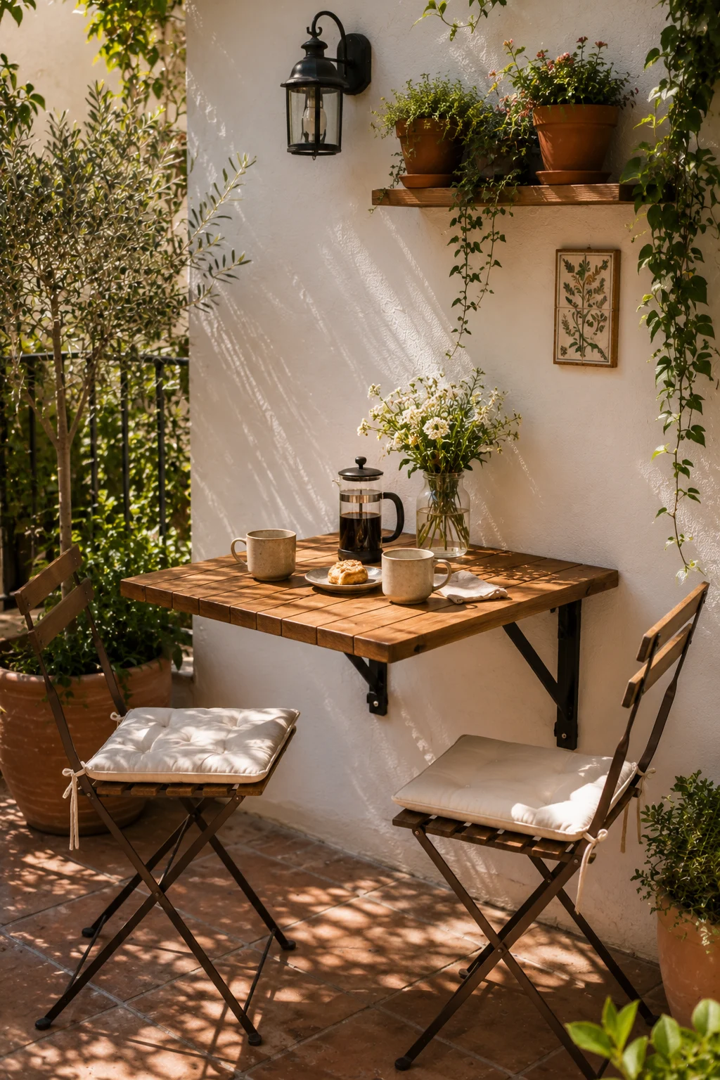 wall mounted fold down table small patio outdoor dining two people timber space saving