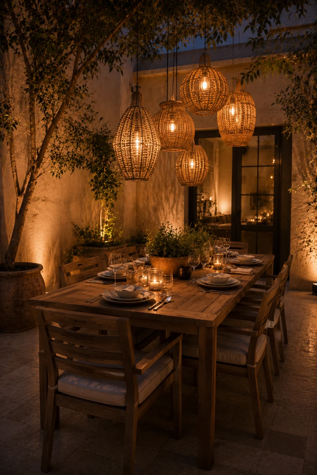alfresco dining table pendant lighting courtyard garden idea