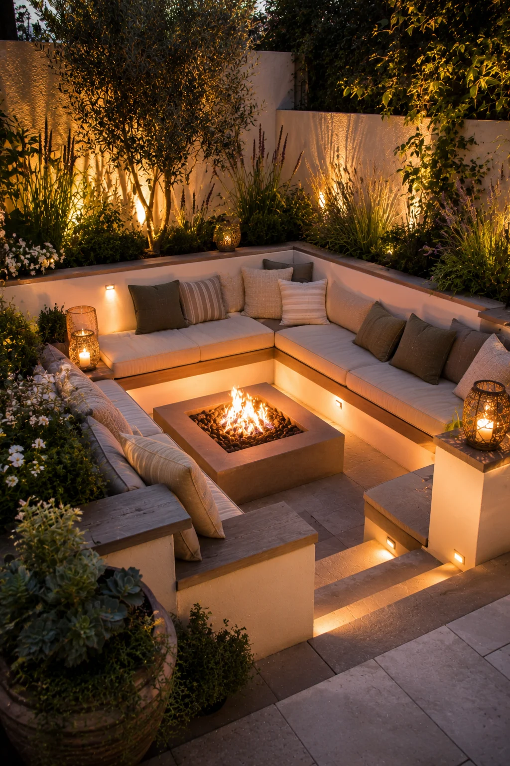 sunken seating pit patio intimate sheltered built in benches cushions fire pit evening