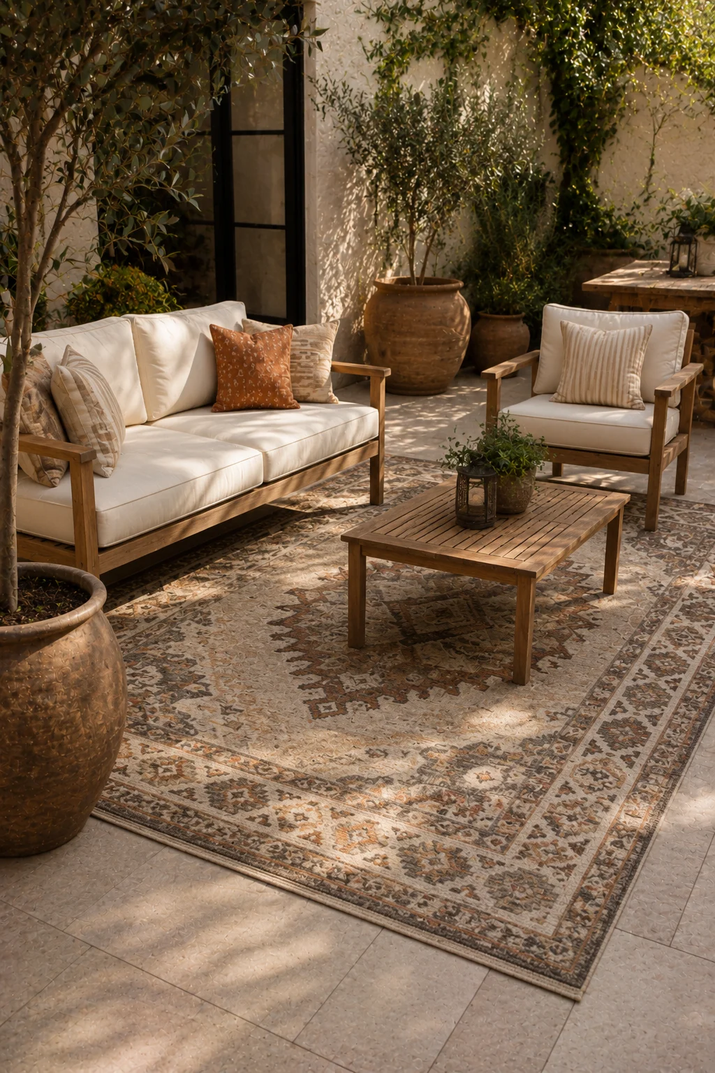statement outdoor rug courtyard garden idea
