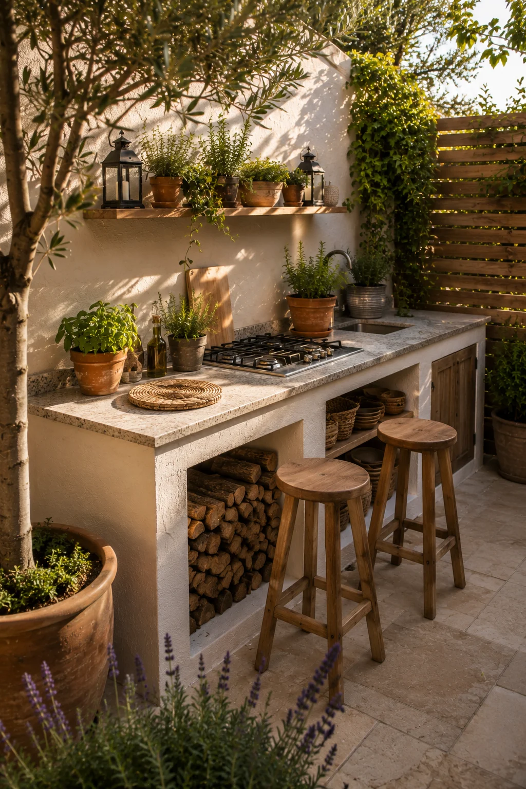 outdoor kitchen counter small patio rendered base granite worktop gas burner herbs al fresco cooking