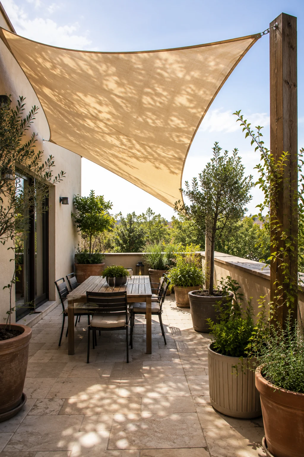 shade sail terrace garden cream triangular sun protection dappled light dining table outdoor