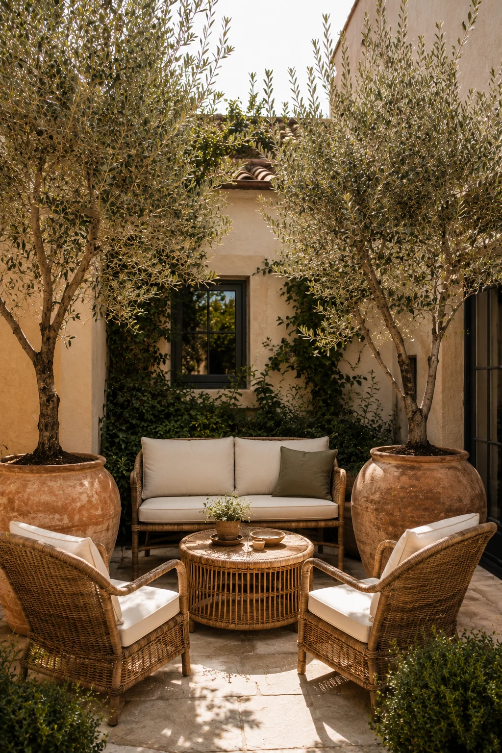 olive trees terracotta pots small patio Mediterranean atmosphere structure container garden elegant