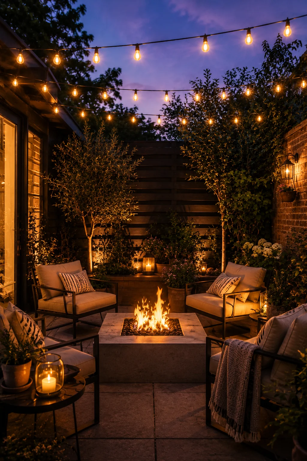 concrete fire pit small patio evening gathering space outdoor fireplace chairs string lights dusk