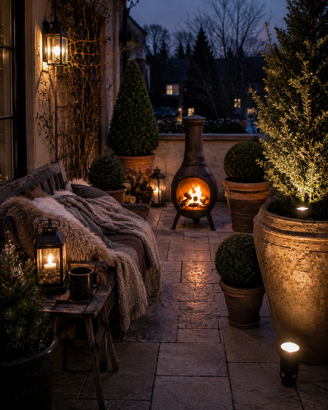 winter terrace chiminea fire outdoor blankets evergreen topiary hellebores cold season inviting