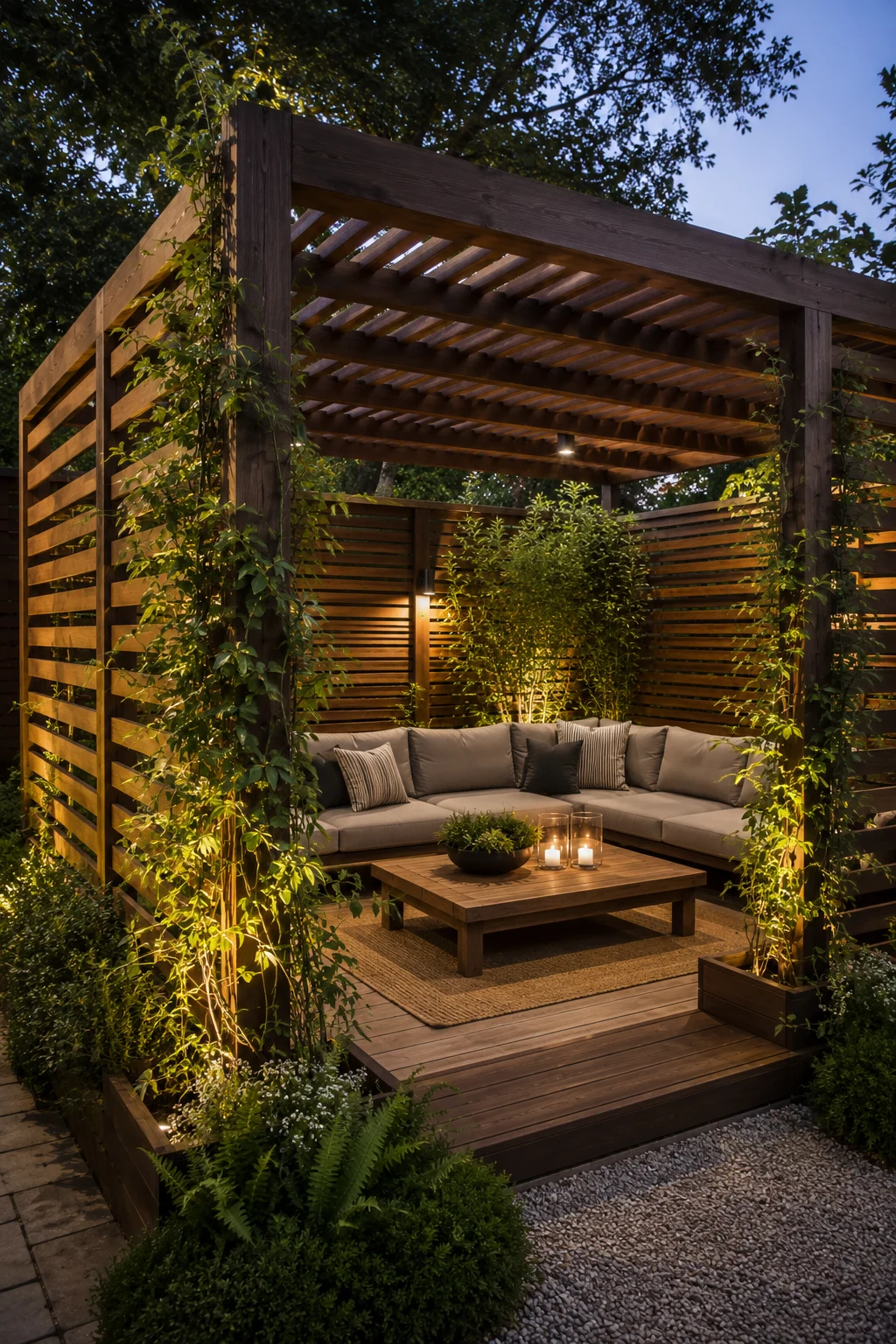 slatted pergola side screens backyard privacy outdoor room timber enclosed seating climbing plants