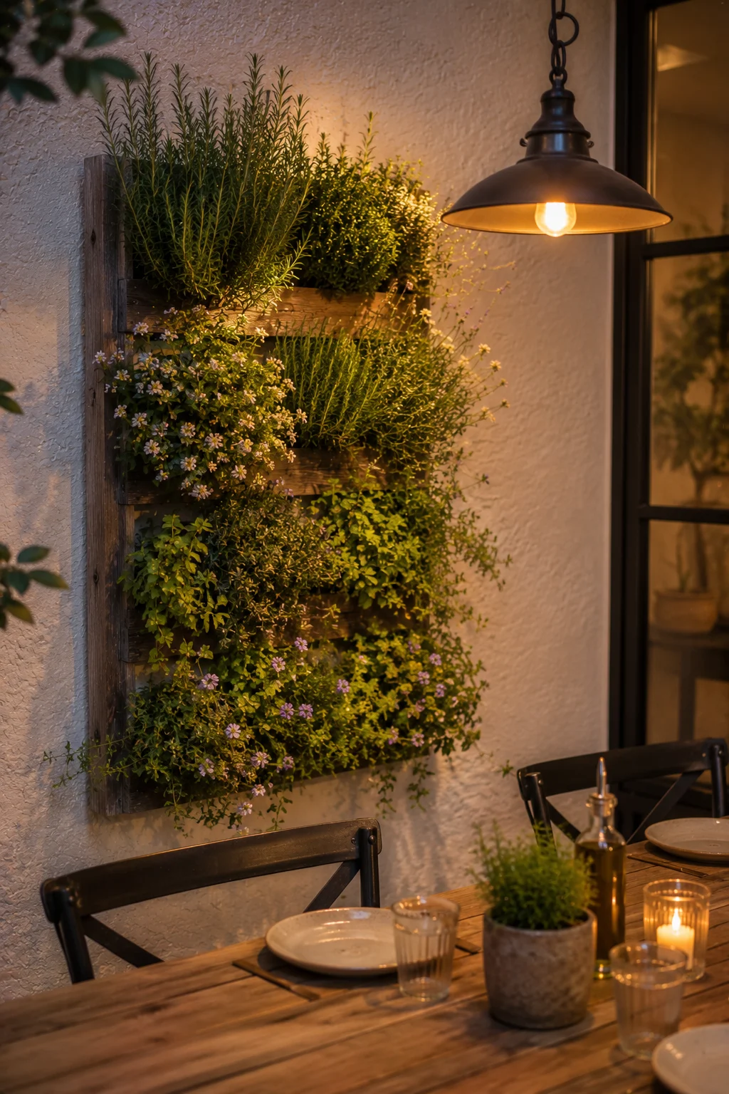 vertical herb wall near seating courtyard garden idea