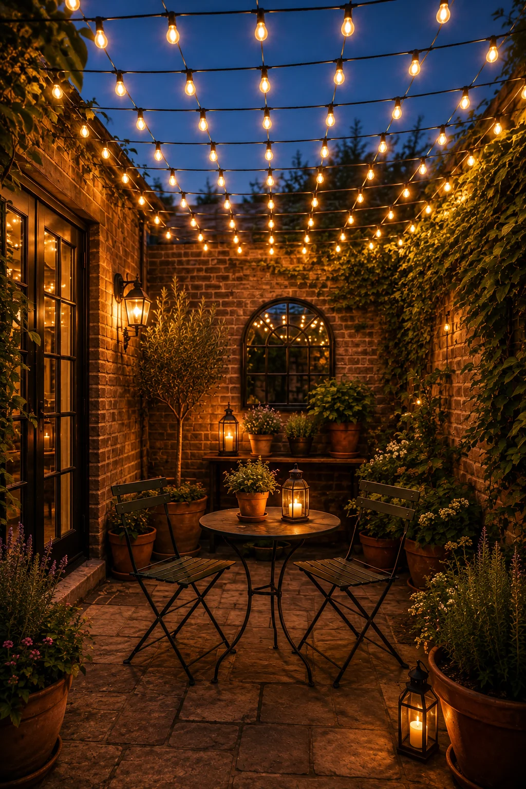 string lights small patio evening atmosphere grid canopy outdoor room dusk