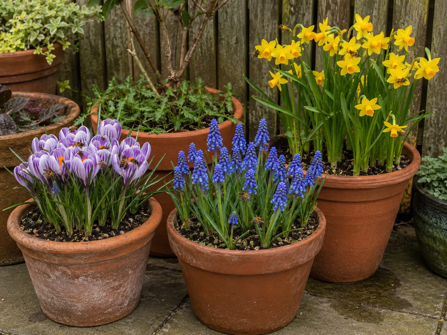 container spring bulbs for bees on patio providing early pollinator forage
