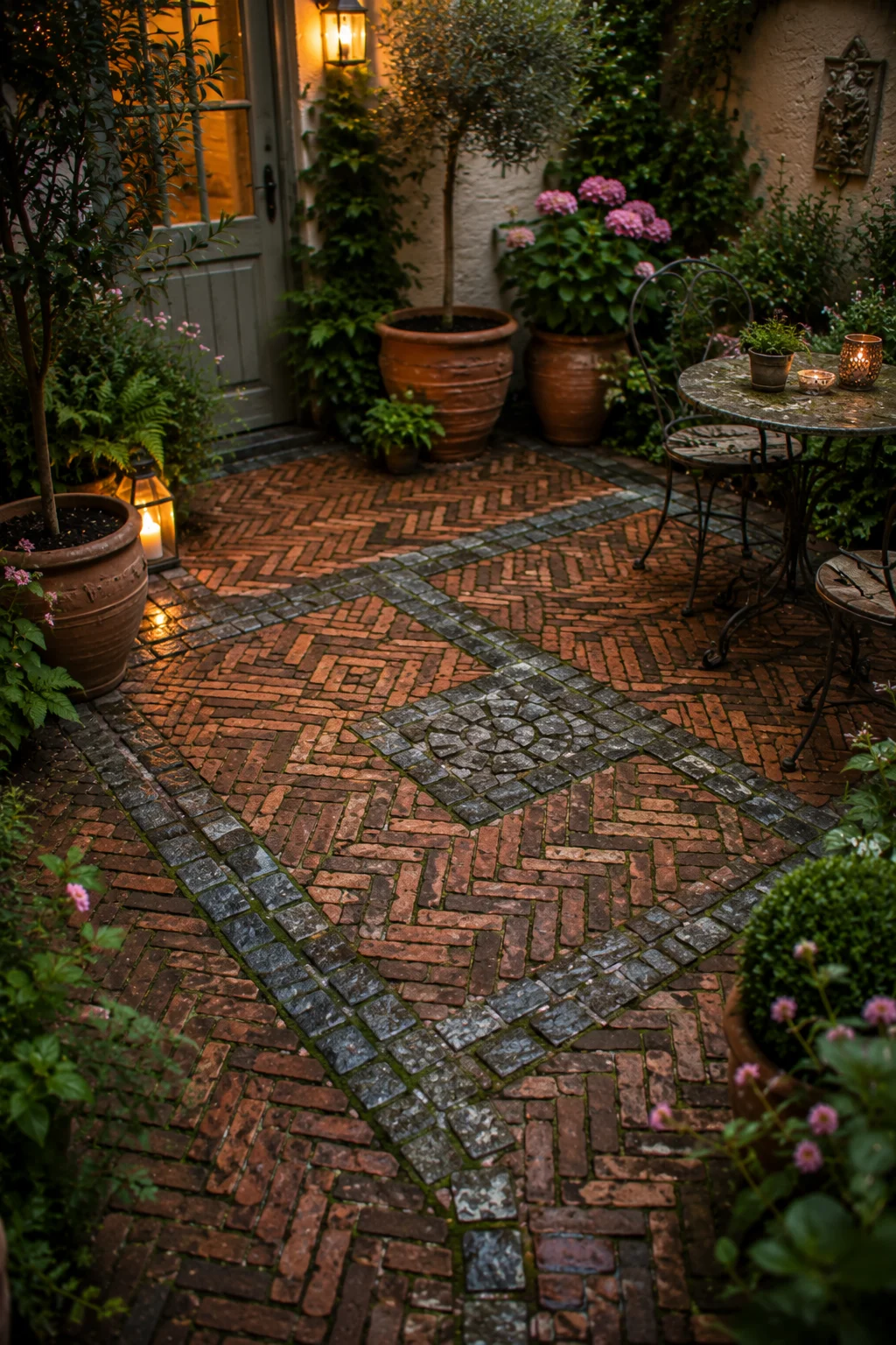 brick cobble setts patio floor herringbone pattern traditional material character age patina