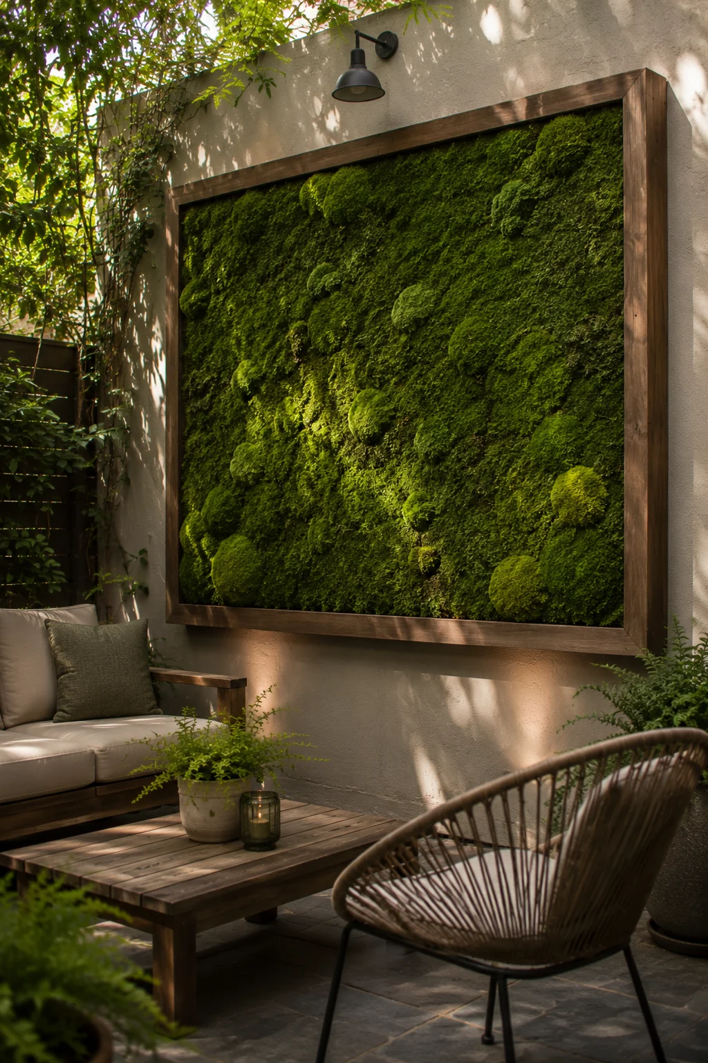 living moss wall panel small patio shaded art timber frame green velvety art outdoor